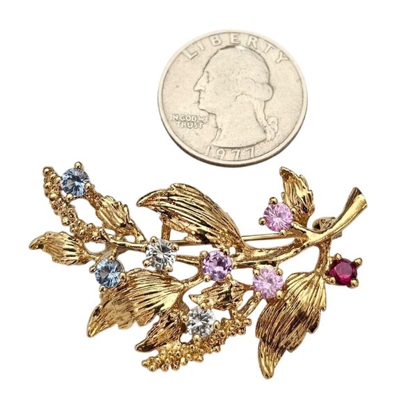 Vermeil Sterling Leaf Branch Brooch Multi Color Gem Lab Stone Pin C668 - Picture 8 of 9